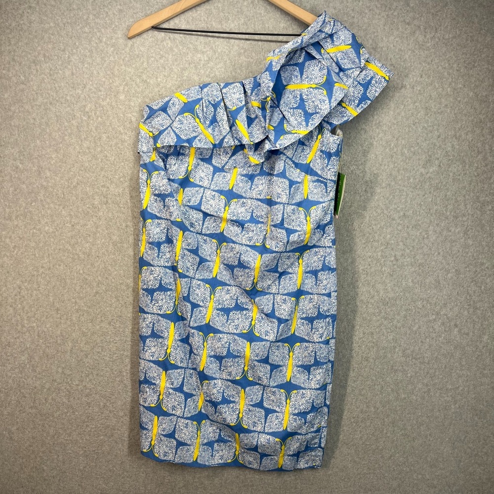 Lilly Pulitzer Sandra One Shoulder Ruffle‎ Cotton Dress Blue Yellow Butterfly 10